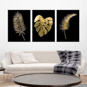 Kit 3 Quadros Folhas Tropicais Dourado 33X24Cm Moldura Preta