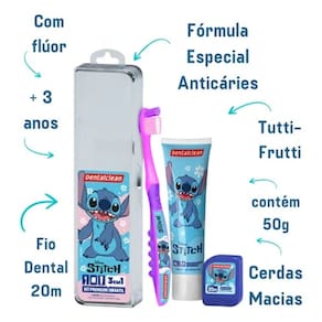 Kit Higiene Bucal Escova Dente Stitch + Fio Dental+ Gel