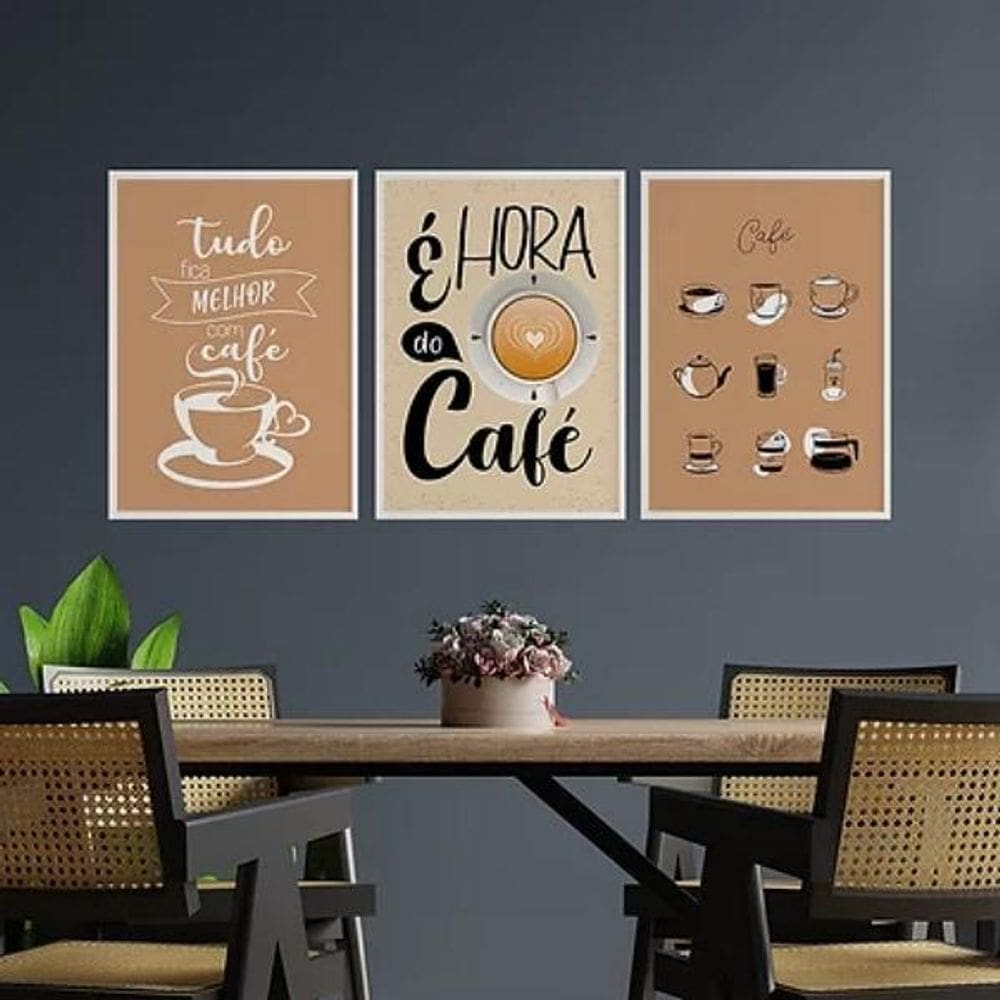 Kit 3 Quadros É Hora Do Café 45X34Cm - Madeira Branca