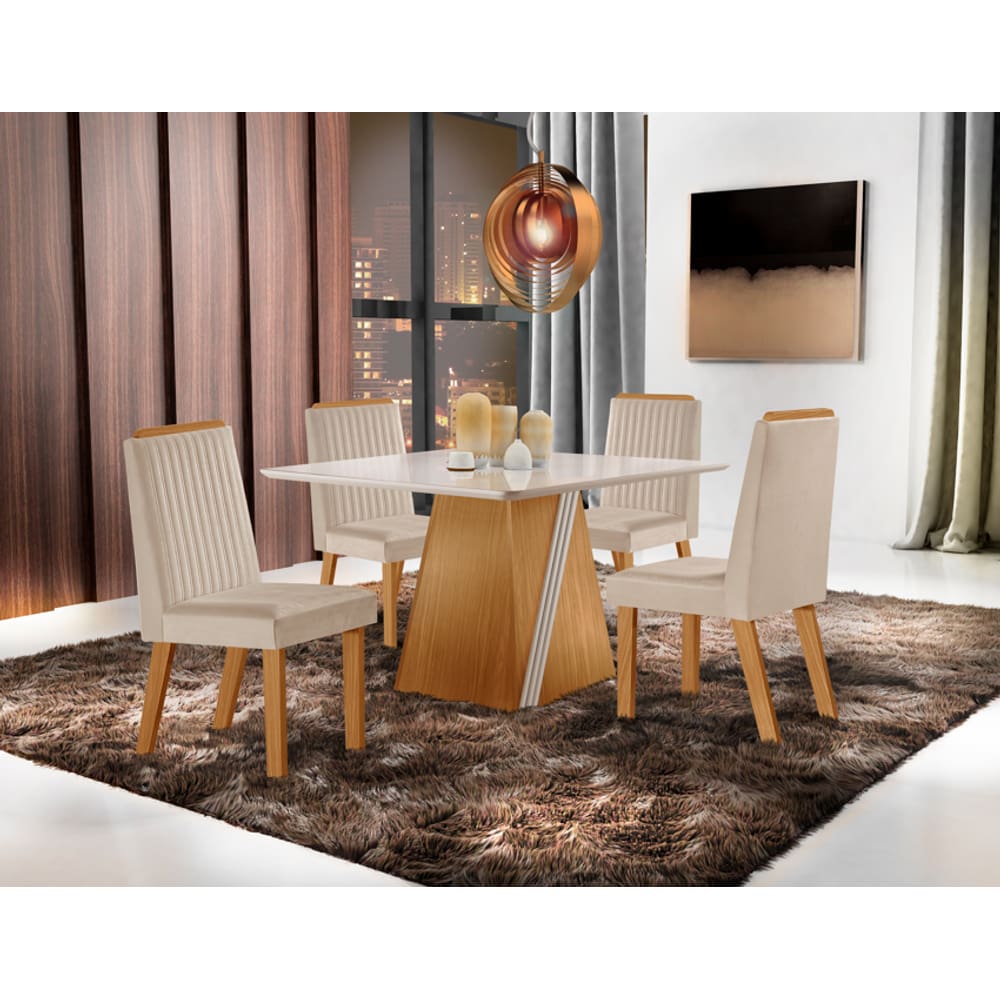 Mesa Pietra Gold 0,90x0,90 Tampo MDF/Vidro 4 Cadeiras Riviera