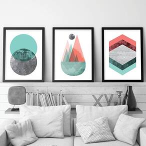 Kit 3 Quadros Decorativos Com Molduras Geometrico Colorido