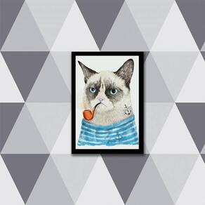 Quadro Gato Marinheiro 45X34Cm - Com Vidro Moldura Preta