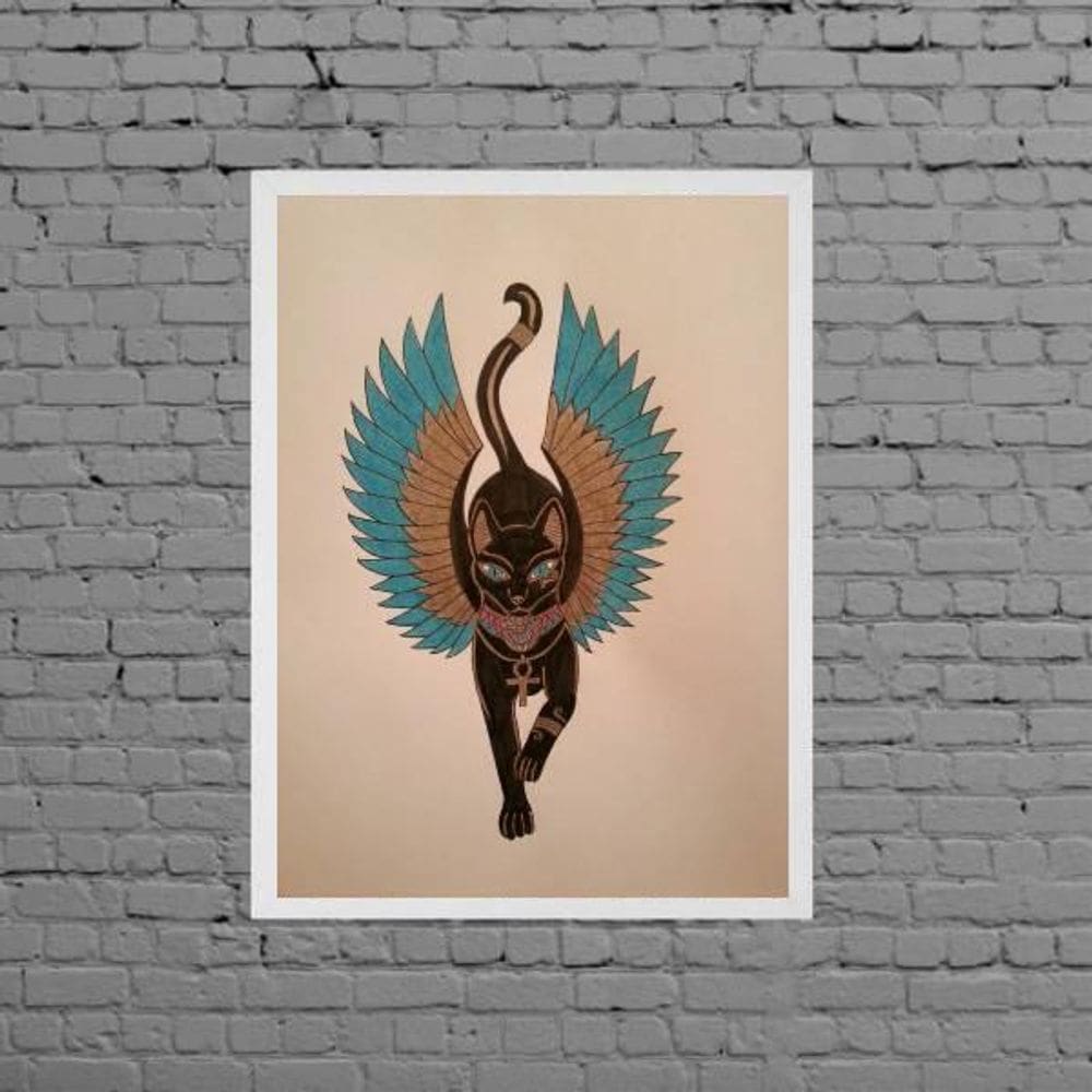 Quadro Gato Egípcio Bastet 24X18Cm Moldura Branca