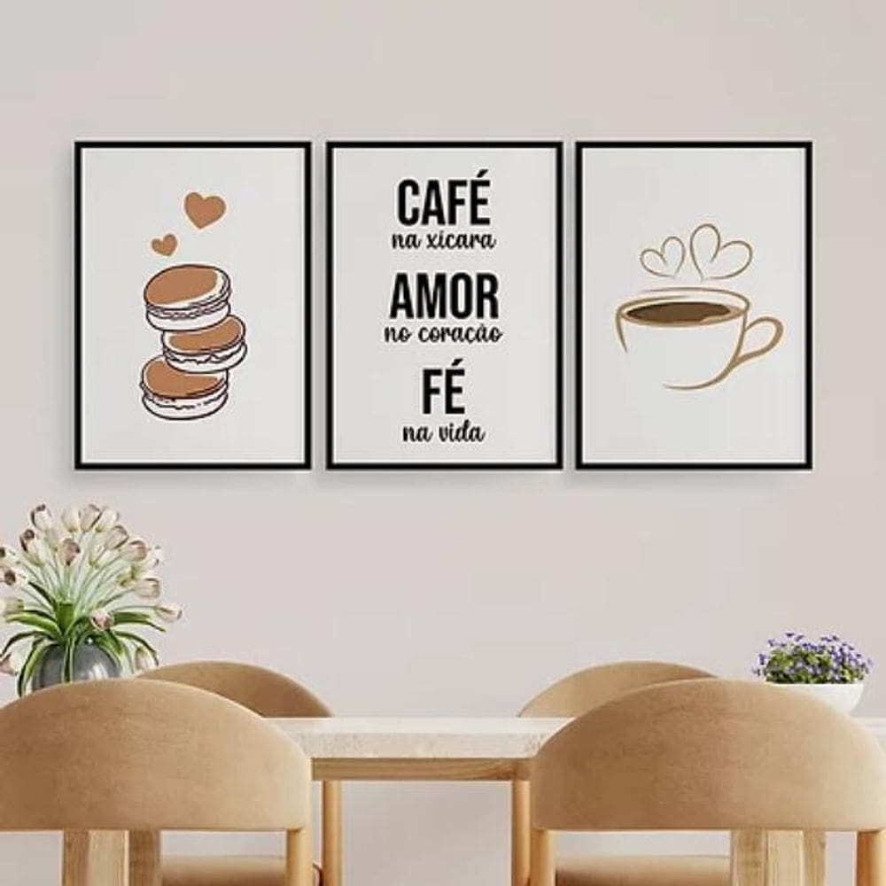 Kit 3 Quadros Café Amor e Fé 45x34cm - Vidro e Moldura Preta