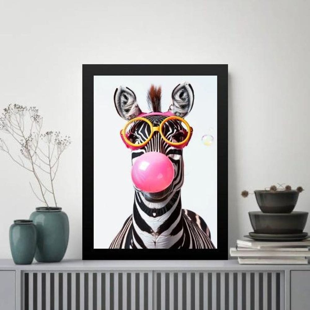Quadro Divertido Zebra Bubble Gum 33X24Cm - Com Vidro