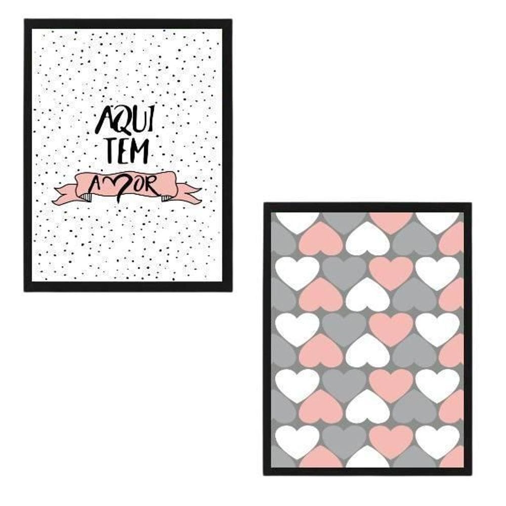 Quadros Aqui Tem Amor Rosa Moldura Preta 24X18Cm 2 Peças