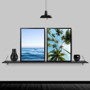 Kit 2 Quadros Praia Mar Coqueiros 33X24 Com Vidro - Preta