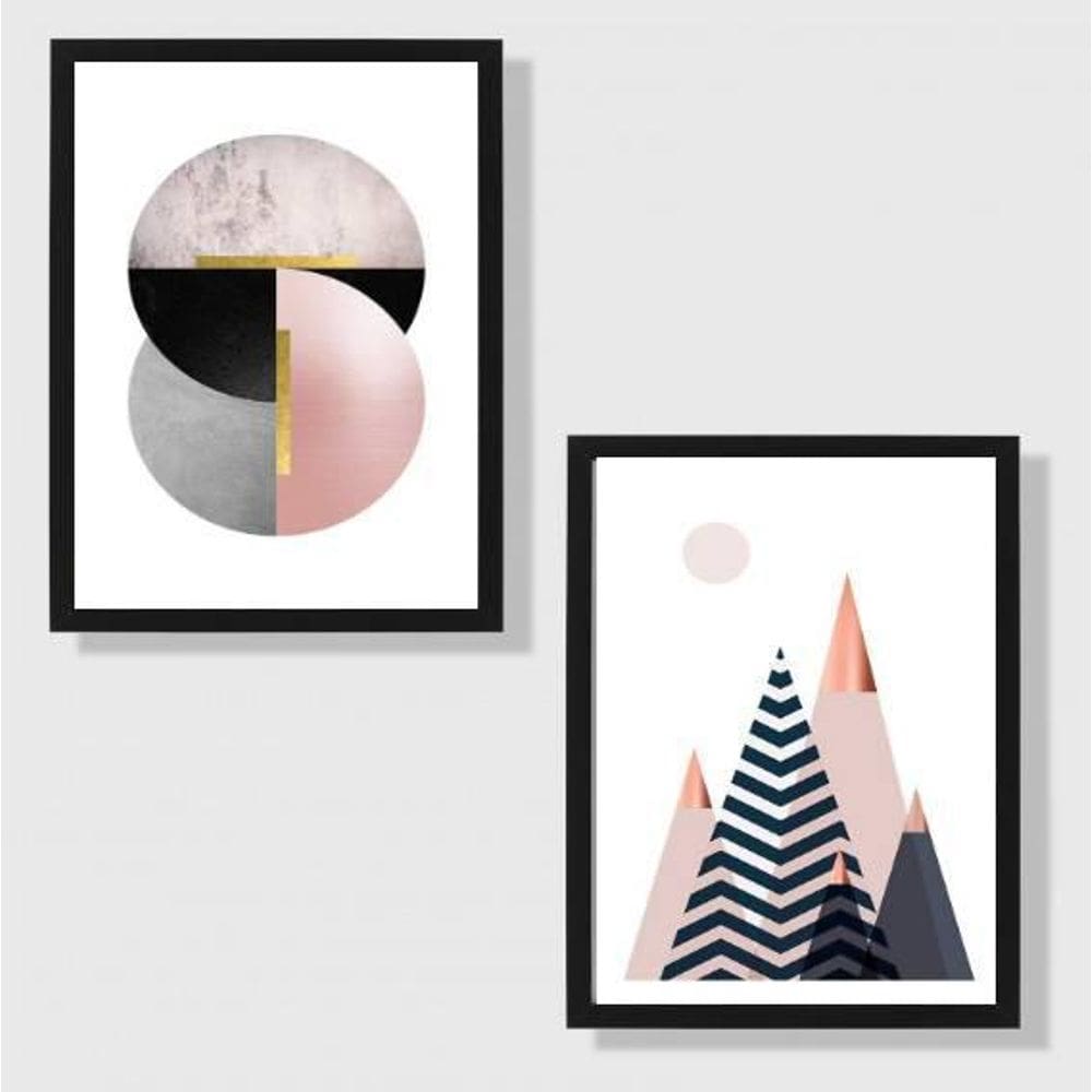 Kit 2 Quadros Geométricos Rosê Com Preto 24X18Cm