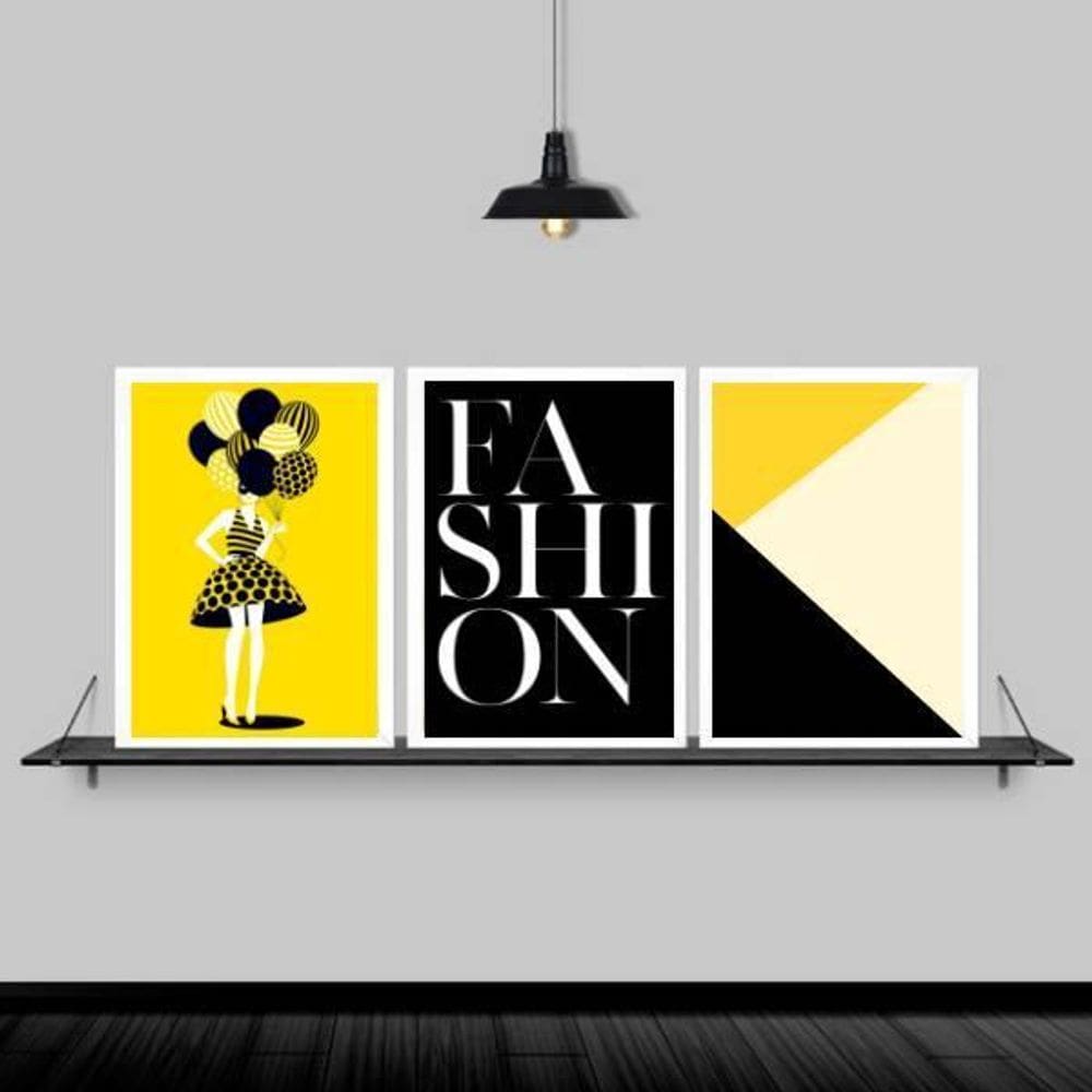 Kit 3 Quadros Fashion Preto E Amarelo 33X24Cm Moldura Branca