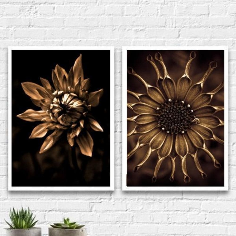 Kit 2 Quadros Fotografias Flores Bronze 24X18Cm
