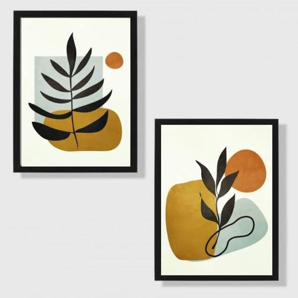 Kit 2 Quadros Folhas Marrom 45X34Cm Com Vidro Moldura Preta