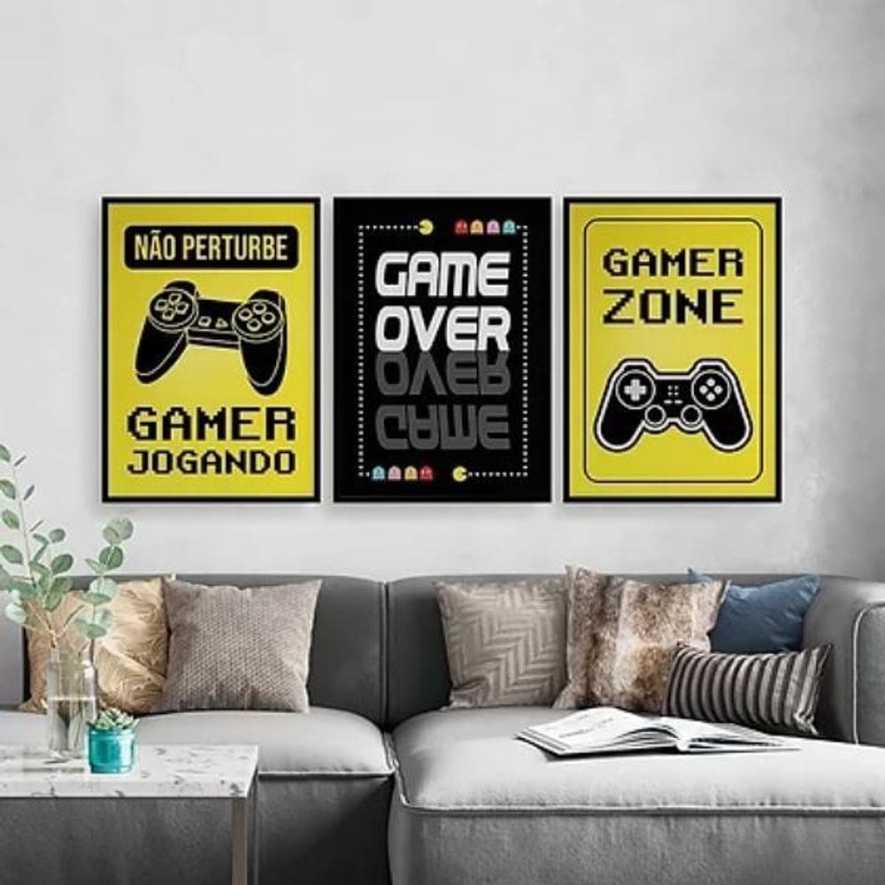 Kit Quadros Gamer Zone Amarelo E Preto 45X34Cm 3 Peças