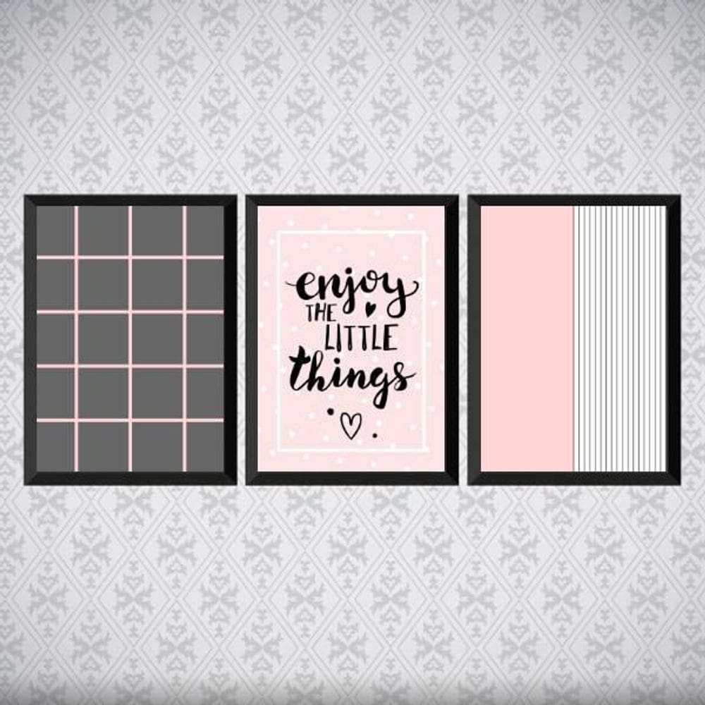 Kit 3 Quadros Enjoy Rosa E Cinza 45X34Cm