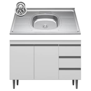Balcão De Cozinha Com Pia Inox 100cm 3 Gavetas Andréia Branco - Ajl Móveis