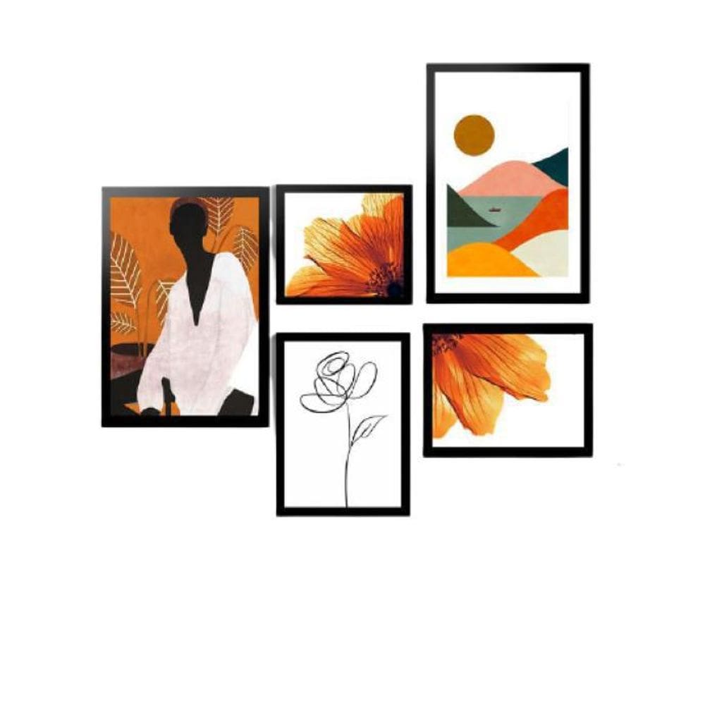 Kit 5 Quadros Decorativos Com Moldura Preta Menina Tropical