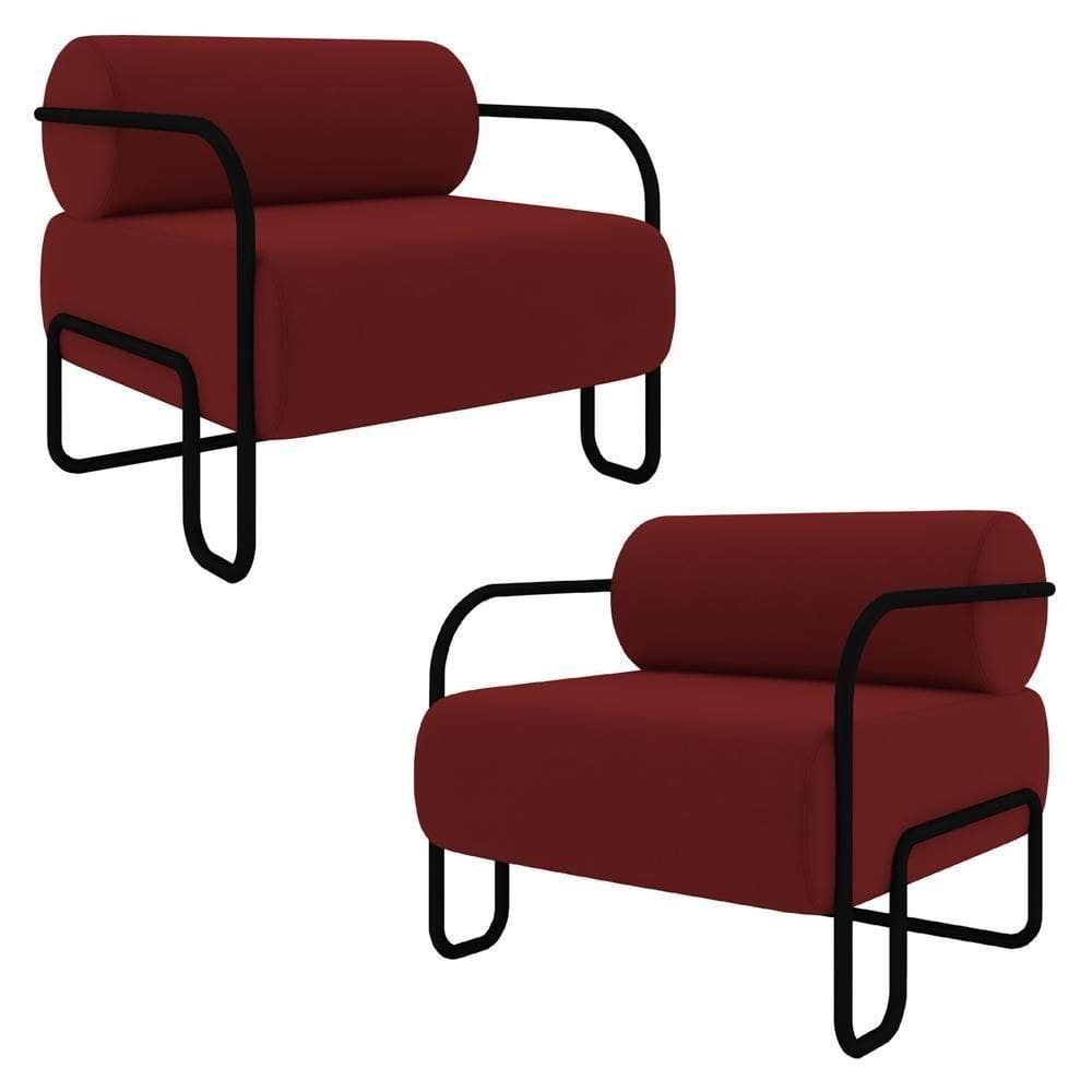 Poltrona Decorativa Para Sala Industrial Kit 2 Kira K04 Veludo Vermelho - Mpozenato