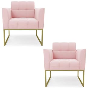 Poltrona Base Industrial Dourado Kit 2 Ana Suede Rosa Bebê - Ibiza