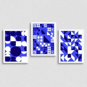 Kit 3 Quadros Abstrato Azuis Figuras Geométricas 24X18Cm