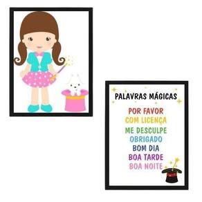 Kit 2 Quadros Infantis Palavras Mágicas 24X18 Madeira Preta