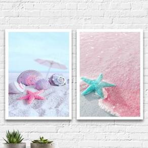Kit 2 Quadros Estrela Do Mar Rosa E Azul 24X18Cm - Com Vidro