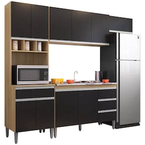 Cozinha Modulada 4 Peças Balcão Com Pia 120cm Andréia Amêndoa-preto - Ajl Móveis