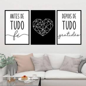 Kit 3 Quadros Fé Coração Geométrico 33X24Cm - Moldura Preta