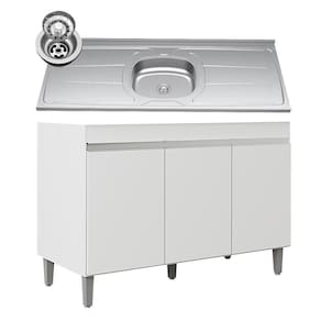 Balcão De Cozinha Com Pia Inox 120cm 3 Portas Manu Branco - Ajl Móveis