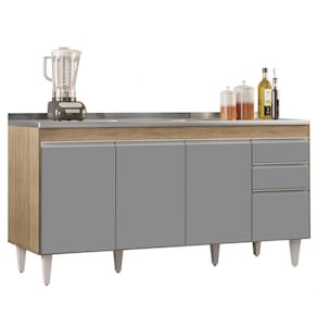 Balcão Gabinete Com Pia Inox 160cm Arkansas Castanho-cinza - Lumil