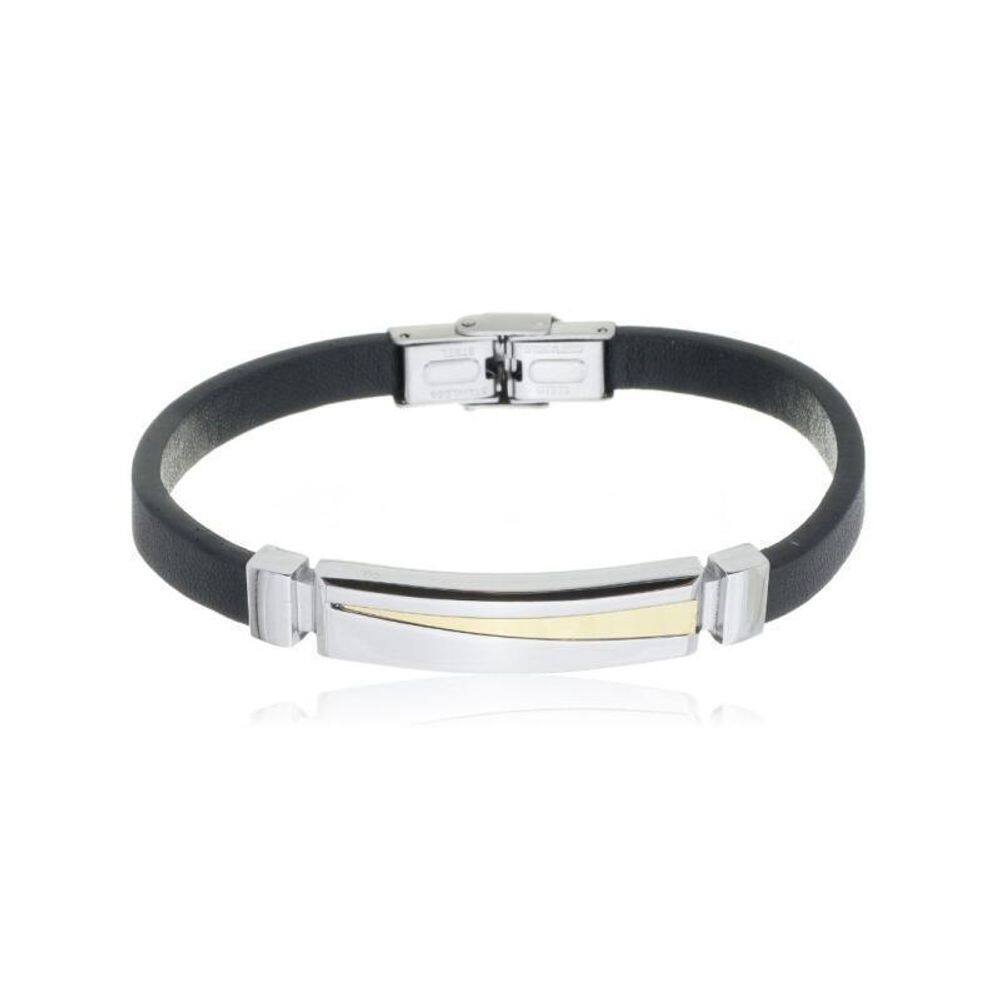 Bracelete Aço 20Cm Couro Preto Trabalhado Com Placa 10X36Mm