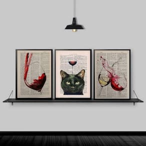 Quadros Vinhos e Gato 45x34cm - Vidro Branco