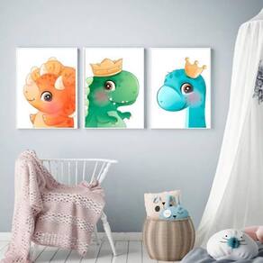 Kit 3 Quadros Dinossaurinhos Fofos 45X34Cm Com Vidro Branca