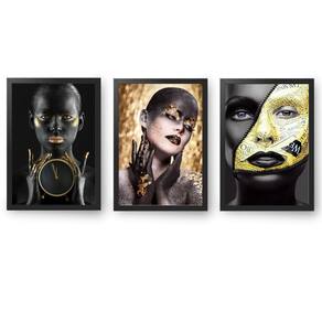Quadro Decorativo 3Peças 60X40 Moldura Mulher Negra Dourada