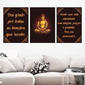 Kit 3 Quadros Buda Sou Grato 33X24 Com Vidro Moldura Branca