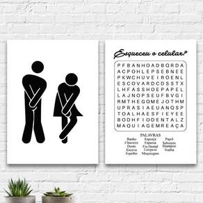 Kit 2 Quadros Divertidos Banheiro Unissex 33X24 Vidro Branca