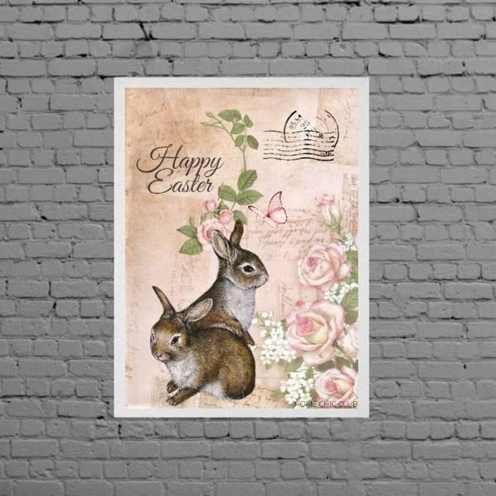 Quadro Happy Easter Coelhinhos Retrô 45X34Cm Moldura Branca