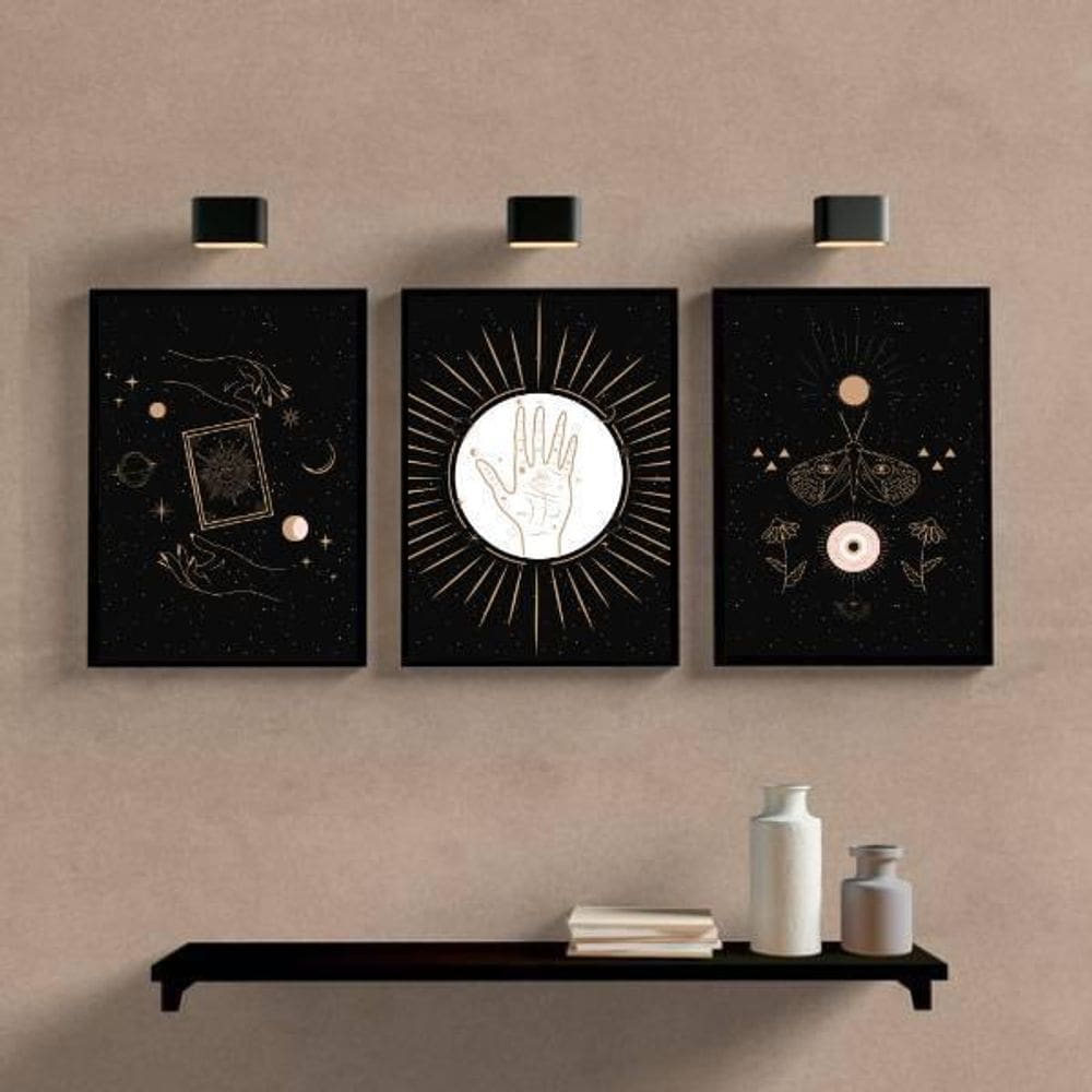 Kit 3 Quadros Místicos 45x34cm - Madeira Preta com Vidro