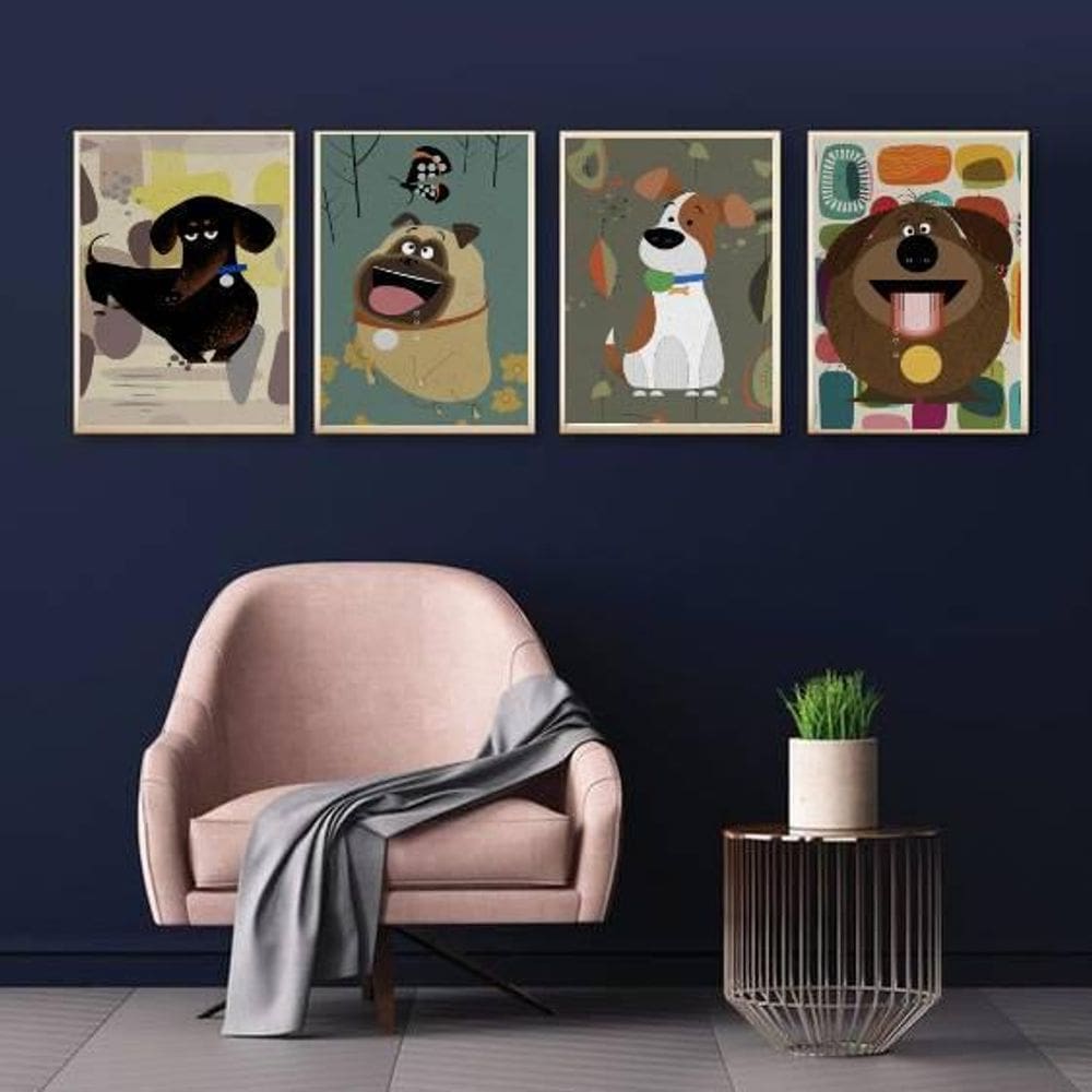 Kit 4 Quadros Cachorrinhos Pet 33X24 C/Vidro Madeira Branca