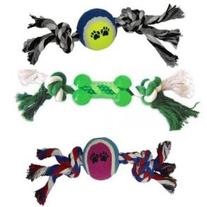 Kit 3 Brinquedos De Corda Com Bola Tênis E Ossinho Para Cães