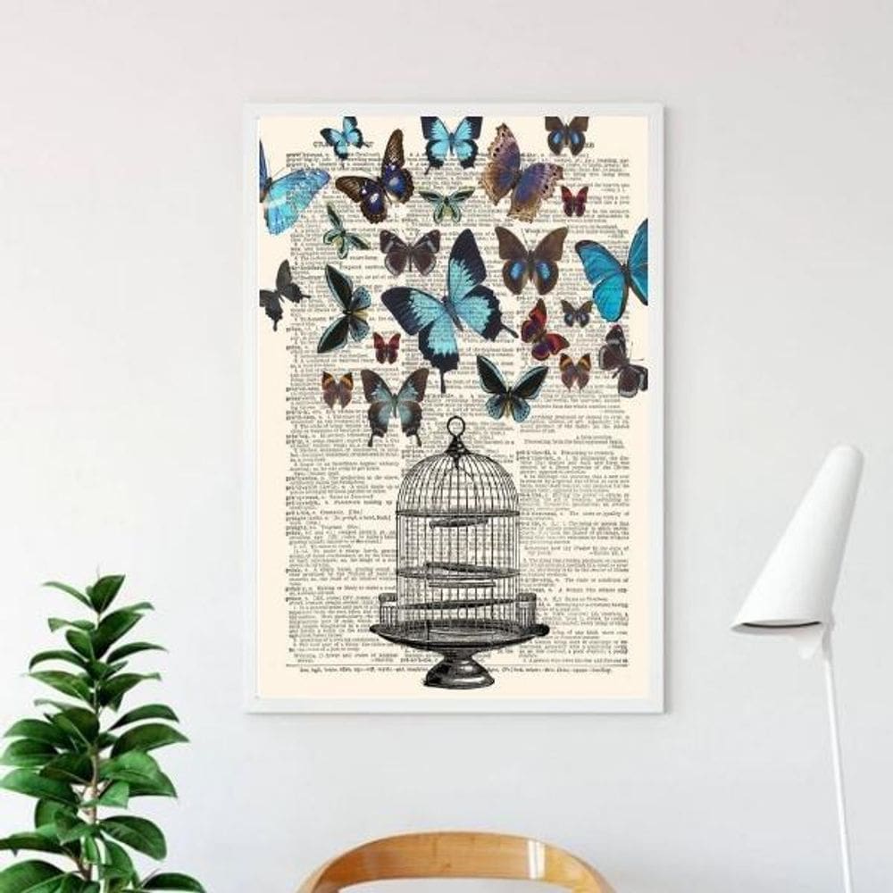 Quadro Decorativo Gaiola Com Borboletas 33X24 C/Vidro Branca