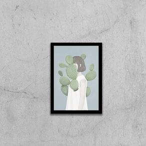 Quadro Menina Com Cactos 45X34Cm - Com Vidro Moldura Preta