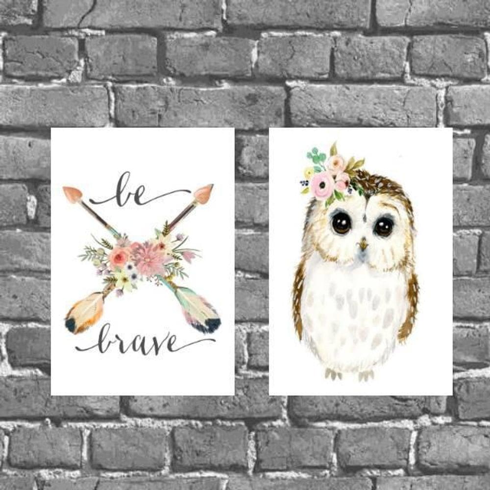 Kit 2 Placas Decorativas Corujinha Be Brave 18X27Cm