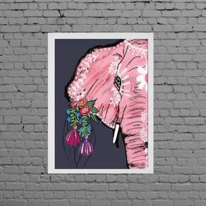 Quadro Elefante Indiano Rosa Com Flores 45X34Cm - Branca