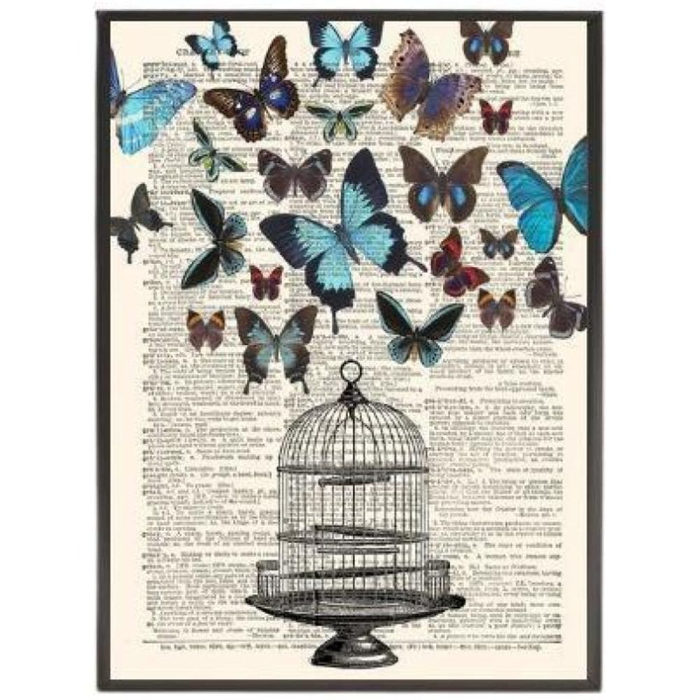 Quadro Decorativo Gaiola Com Borboletas 33X24 C/Vidro Preta