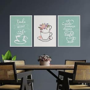 Kit 3 Quadros Tudo Fica Melhor Com Café 33X24Cm Vidro Branca