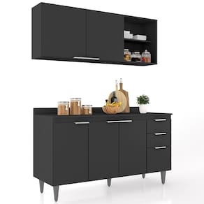 Armário de Cozinha Com Tampo CP01 150cm Pérola Preto Z34 - Mpozenato