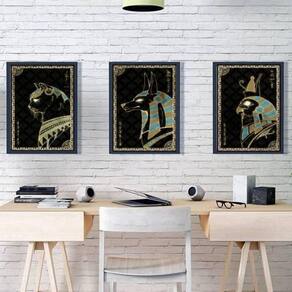 Kit 3 Quadros Místicos Animais Egípcios 45X34 C/Vidro Preta