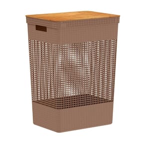 Cesto de Roupa Grid Marrom Amêndoa 49 L com Tampa de Bambu 38 x 28 x 55,6 cm Ou