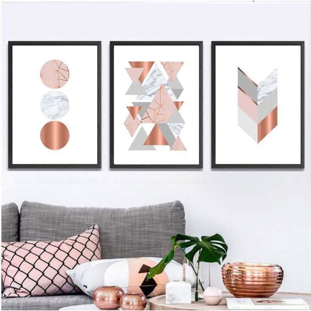Kit 3 Quadros Decorativos Com Moldura Abstrato Formas Rose