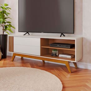 Rack para TV Até 60 Polegadas Gillies 1 Porta Ripado Off White Matte/Freijó - Pnr Móveis