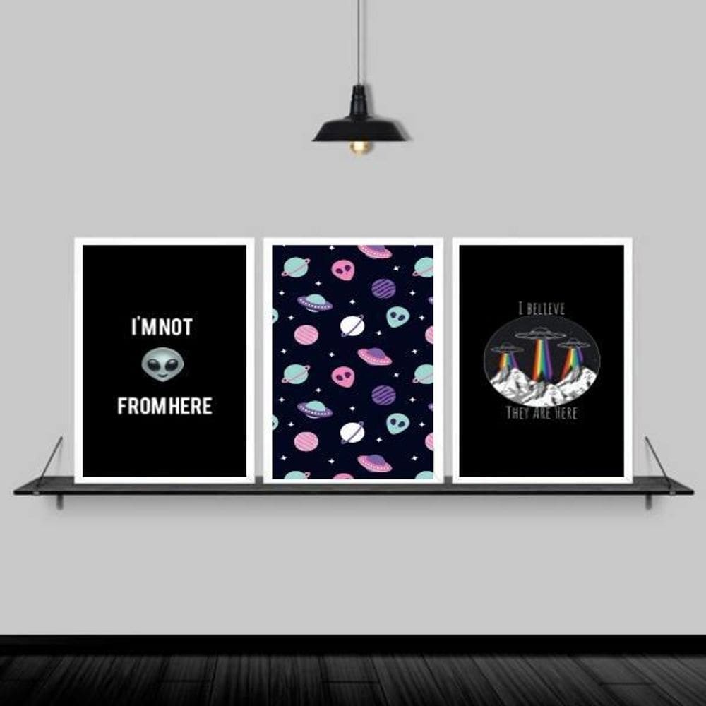 Kit 3 Quadros I Believe Ovnis 33X24Cm Moldura Branca
